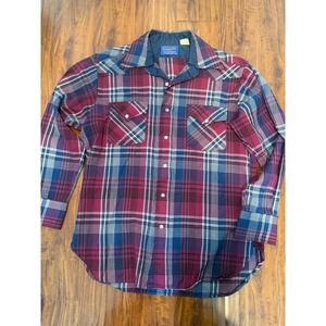 Pendleton vintage Shirt Mens large Red plaid Flannel Pearl Snap Wool 80s USA L